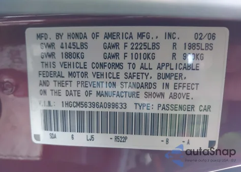 2006 Honda Accord 2.4 Se from USA, damaged, VIN 1HGCM56396A099633